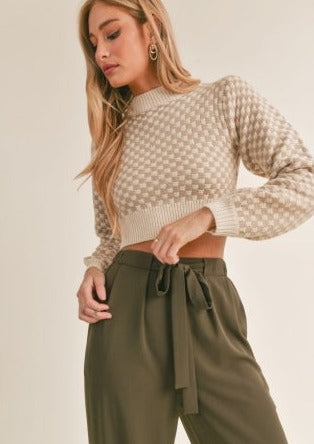 Gingham Crop Sweater, Taupe Ivory