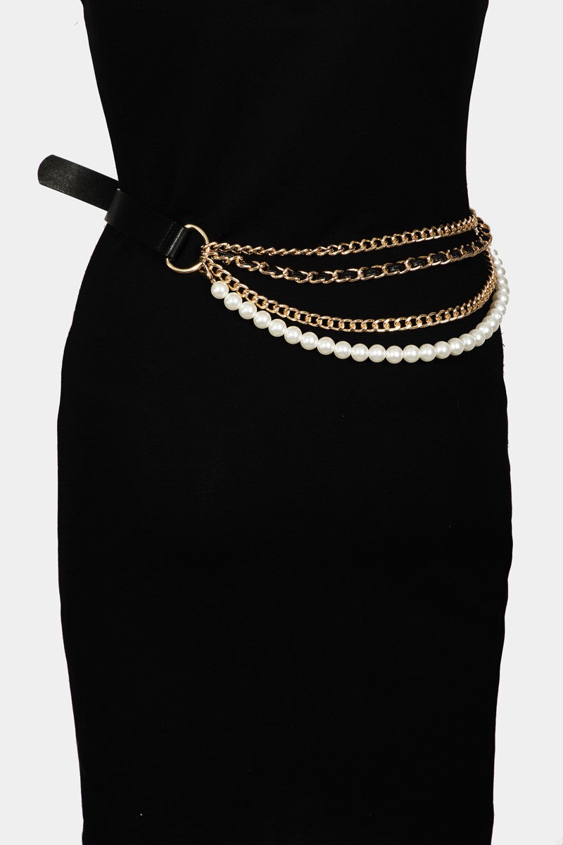 Leather Belt With Pearl Chain, Black