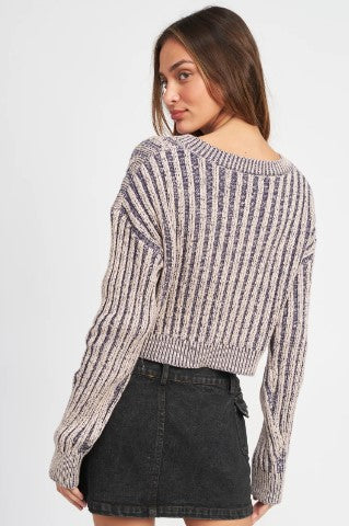 Two Tone Cable Knit Sweater Top, Blue/Navy