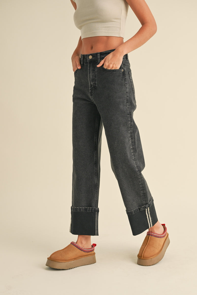 Cuffed Bottom Wide Leg Denim, Black