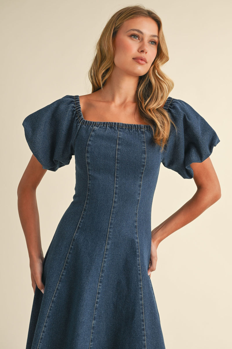 Off Shoulder Denim Puff Sleeve Midi Dress, Denim