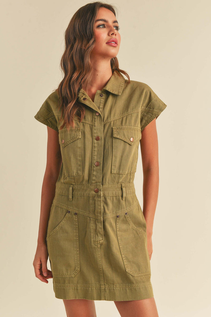 Washed Button Down Dress, Olive