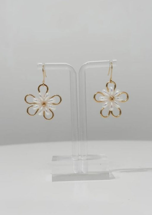 Beaded Flower Dangle Earrings, Gold