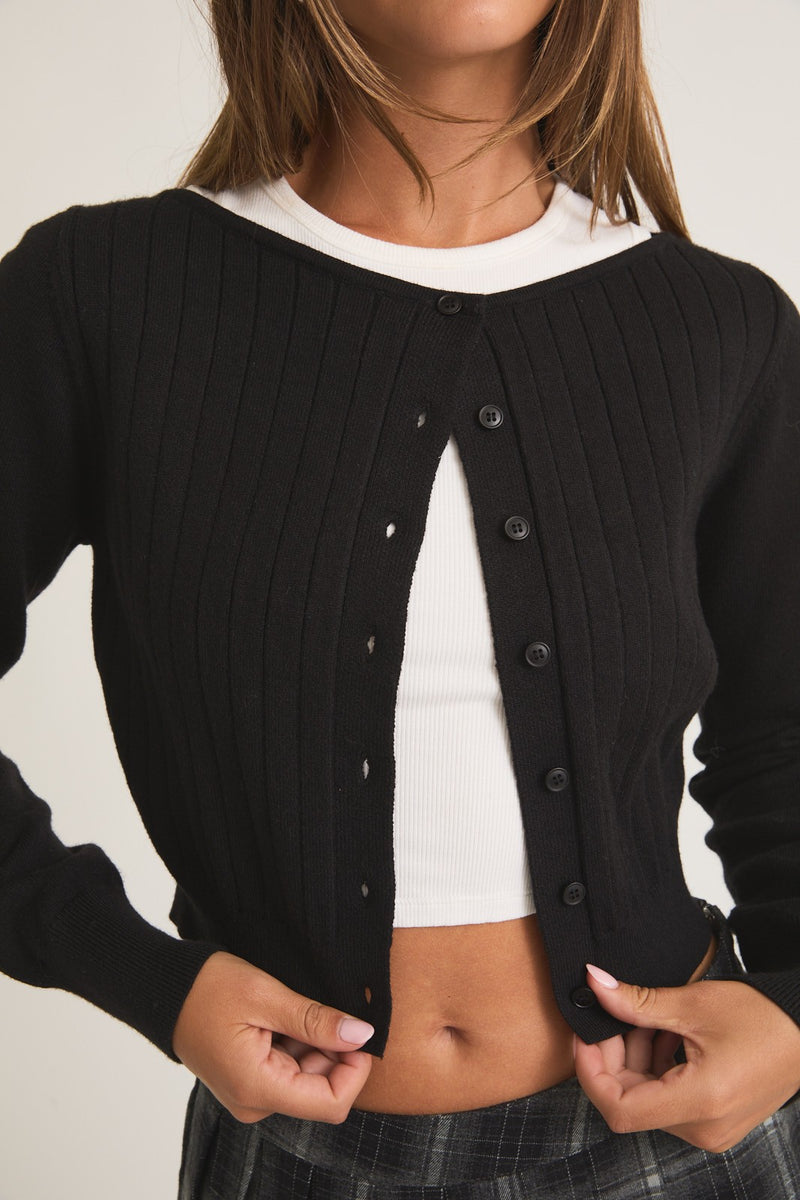 Boat Neck Ribbed Cardigan Top, Black