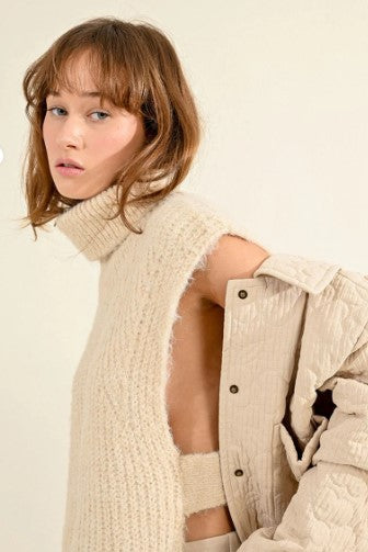 Turtleneck Sleeveless Open Sweater, Off White