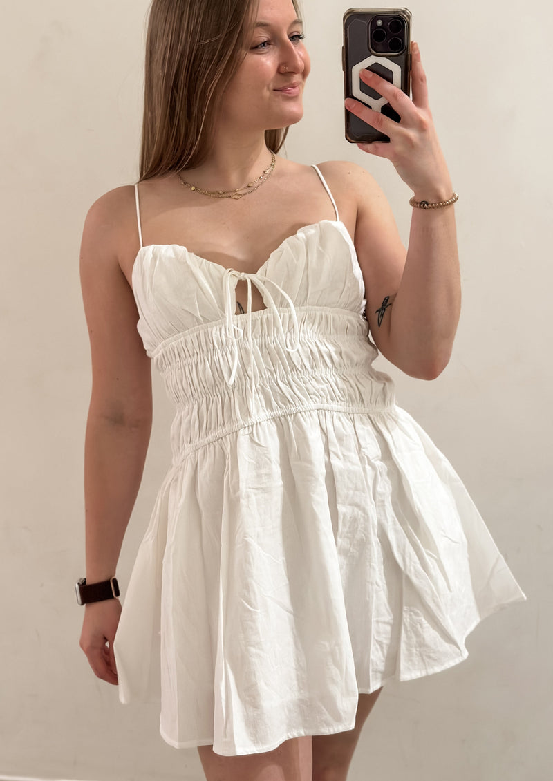 Tie Front Smocked Mini Dress, White