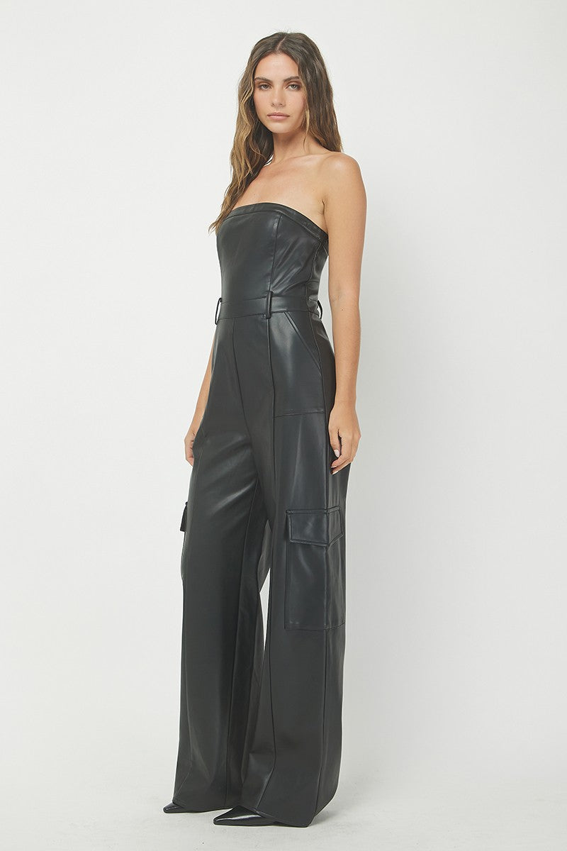 Strapless Leather Jumpsuit, Black