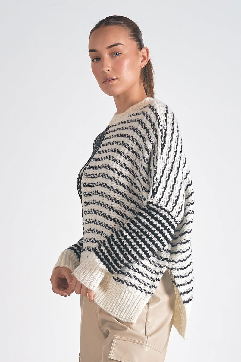 Striped Asym Hem Sweater, Black/White