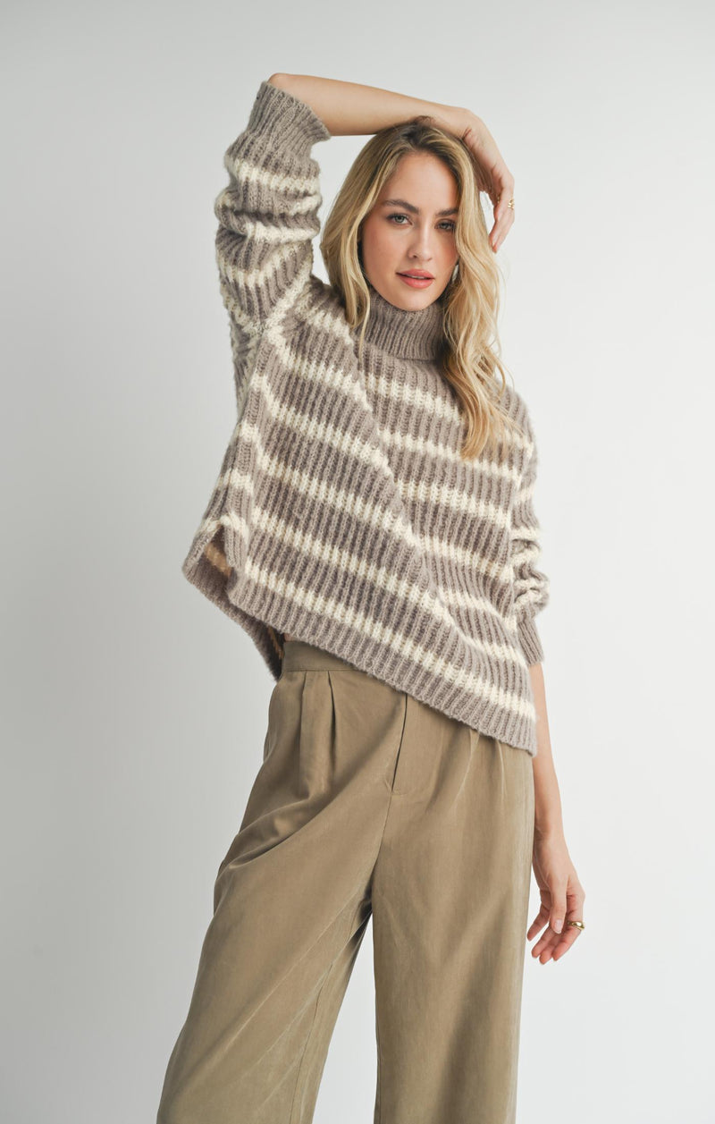 Aki Turtleneck Striped Sweater, Moss