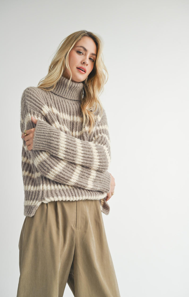 Aki Turtleneck Striped Sweater, Moss