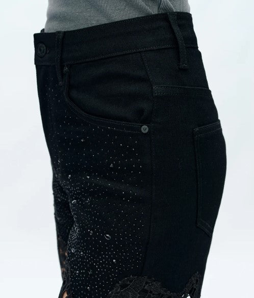 High Rise Lace Pants with Rhinestones, Black