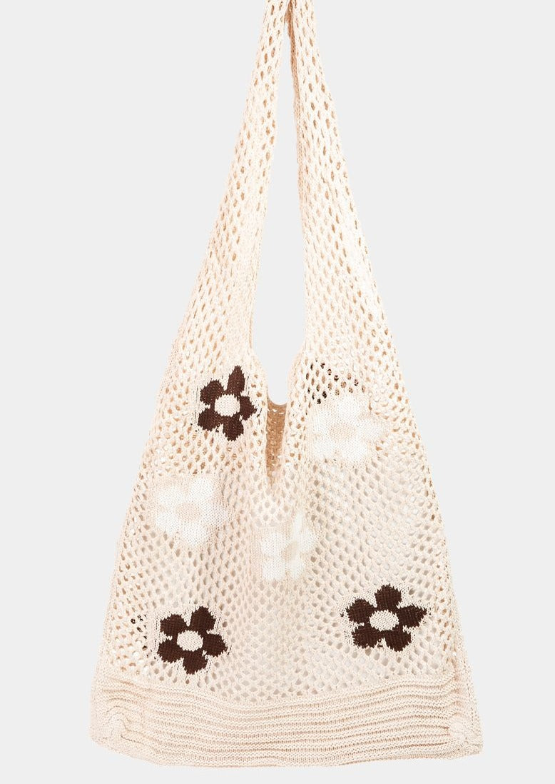 Hollow Knit Shoulder Bag Tote, Daisy