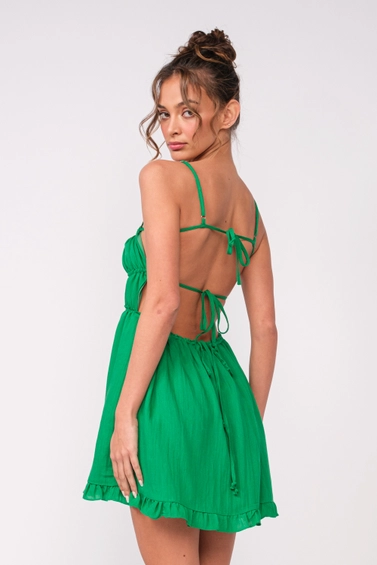 Solid Open Back Ties Ruffle Trim Mini Dress, Green