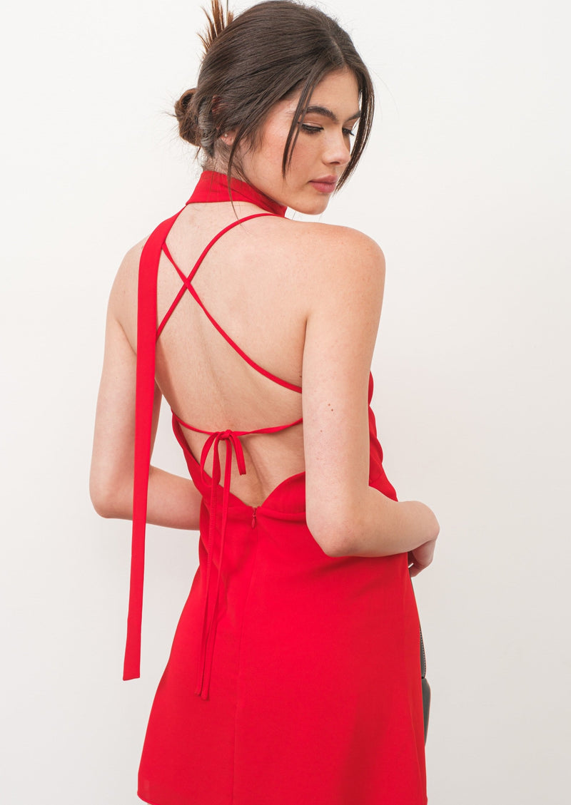 Open Back Mini Dress With Skinny Scarf, Red