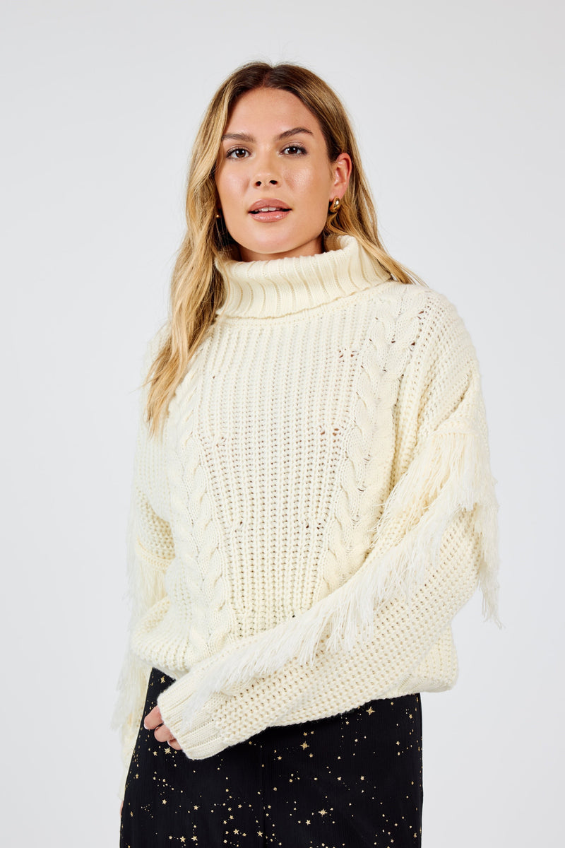 Carter Fringe Sleeve Turtleneck Sweater, Ivory