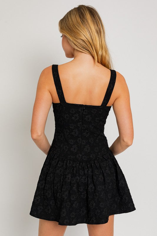 Square Neck Drop Waist Mini Dress, Black