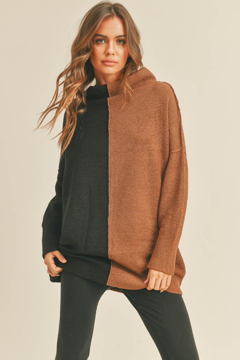 Color Block Tunic Sweater, Brown/Black
