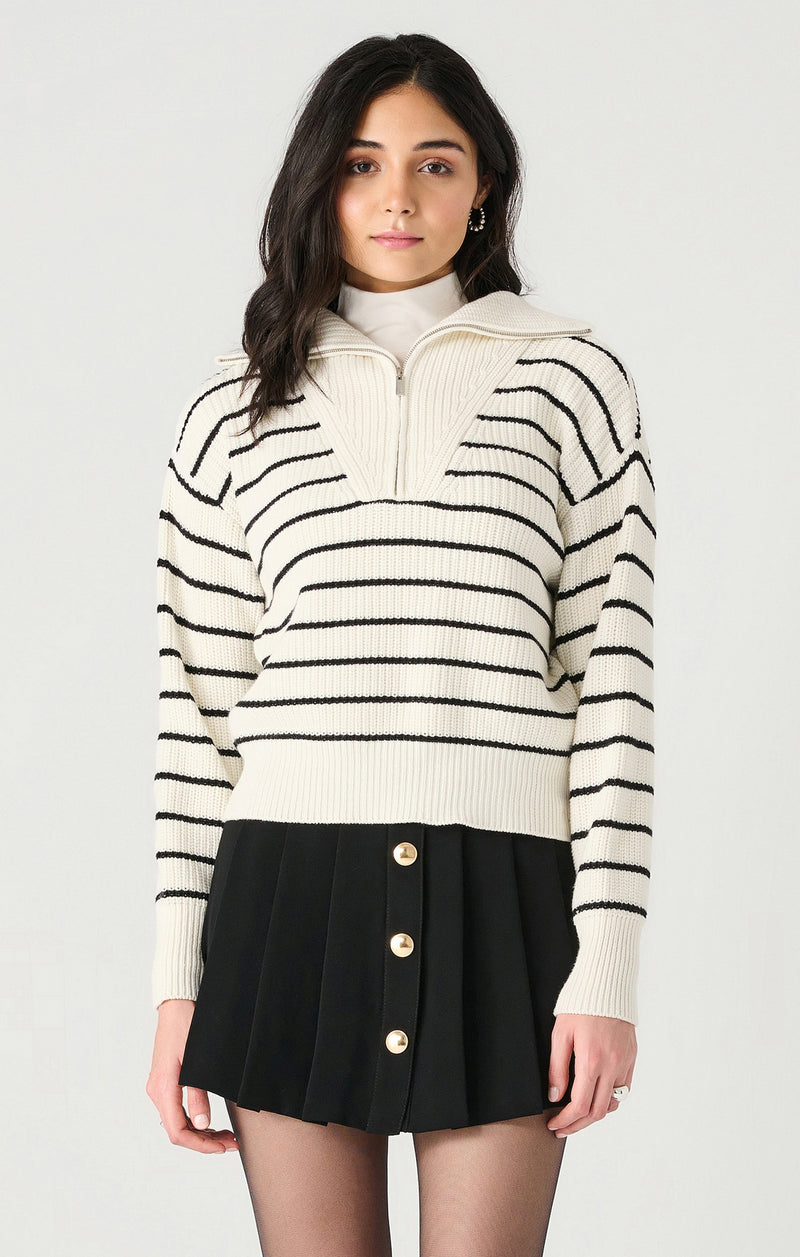 Half Zip Textured Stripe Sweater, White/Black Stripe