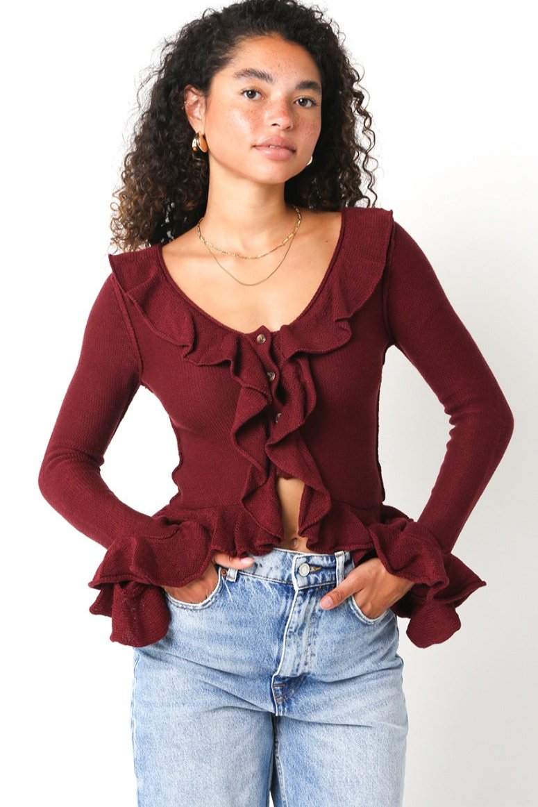 Shelby Ruffle Sweater, Burgundy