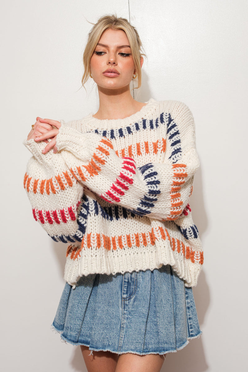 Striped Knit Sweater, Ivory/Multi