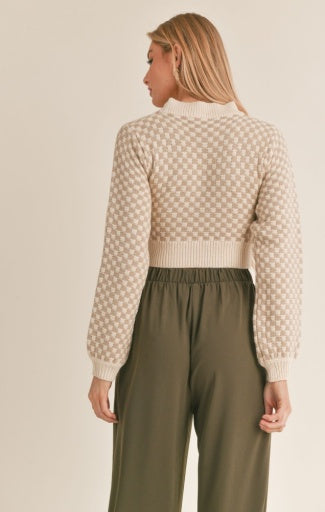 Gingham Crop Sweater, Taupe Ivory