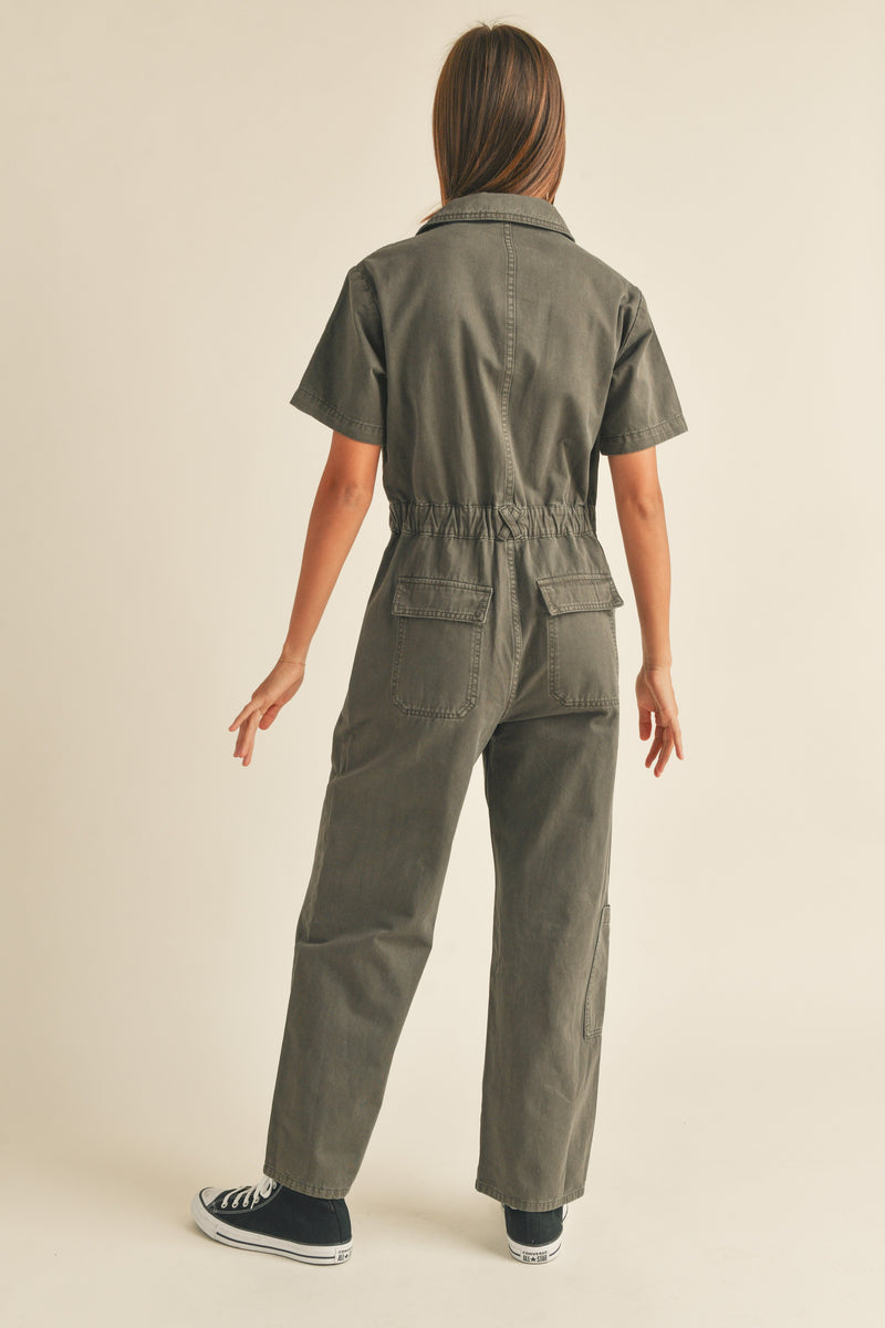 Washed Cotton Utility Jumpsuit, Charcoal