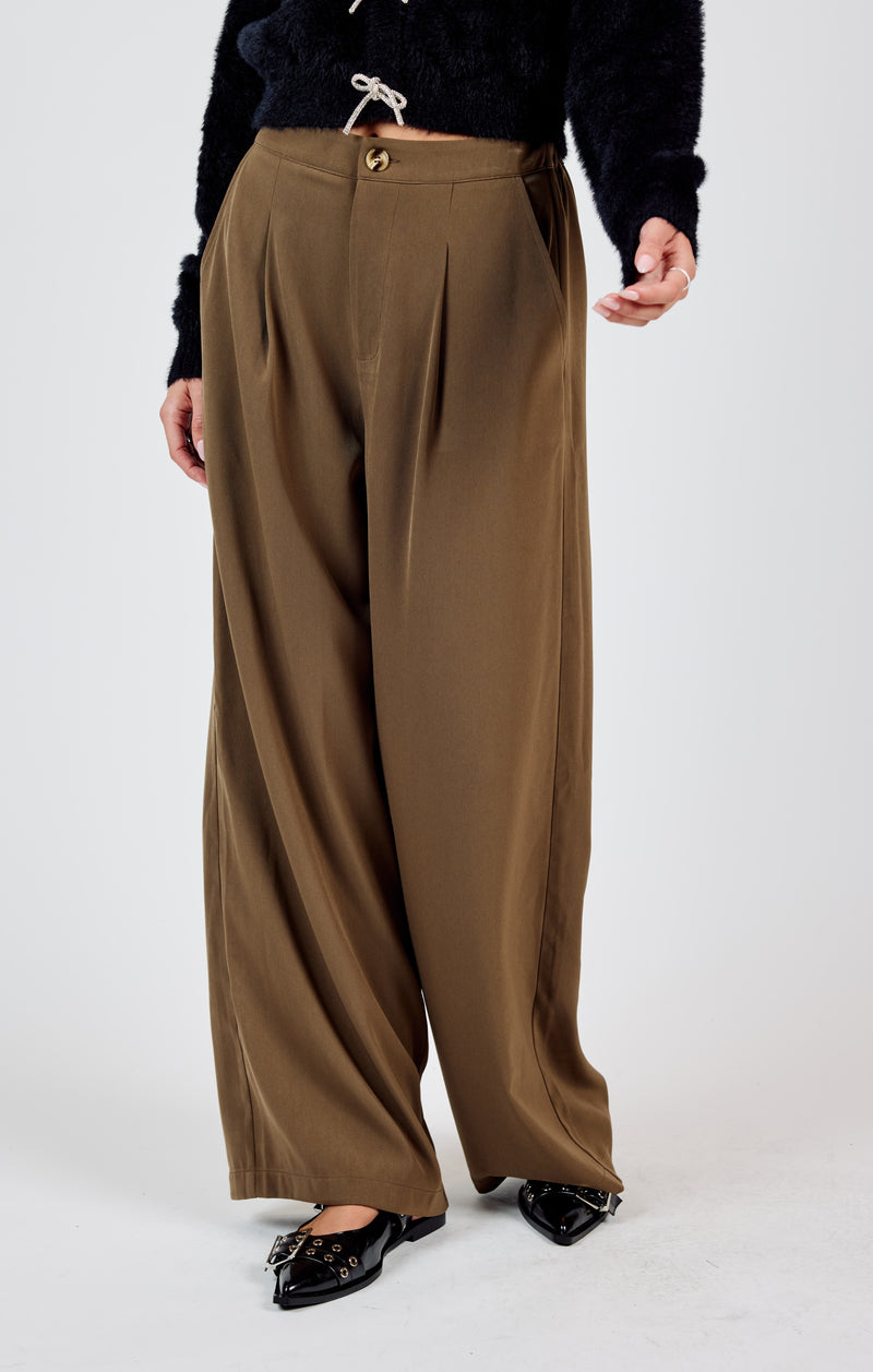 Silent Streets Wide Leg Pleated Pants, Brown