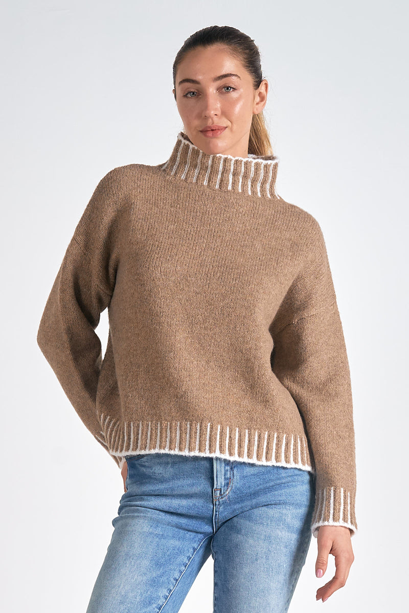 Bold Stitching Turtleneck Sweater, Tan