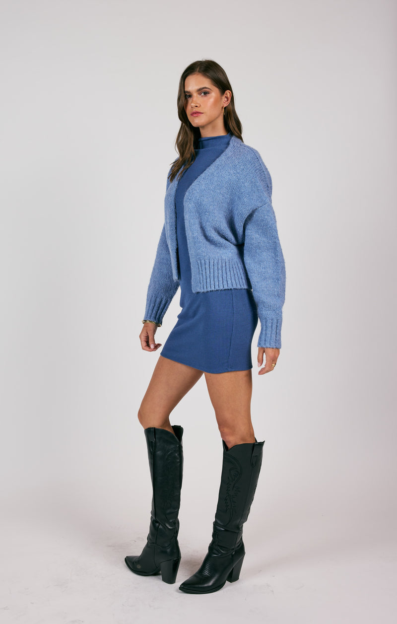 Rhia Cropped Open Cardigan, Blue