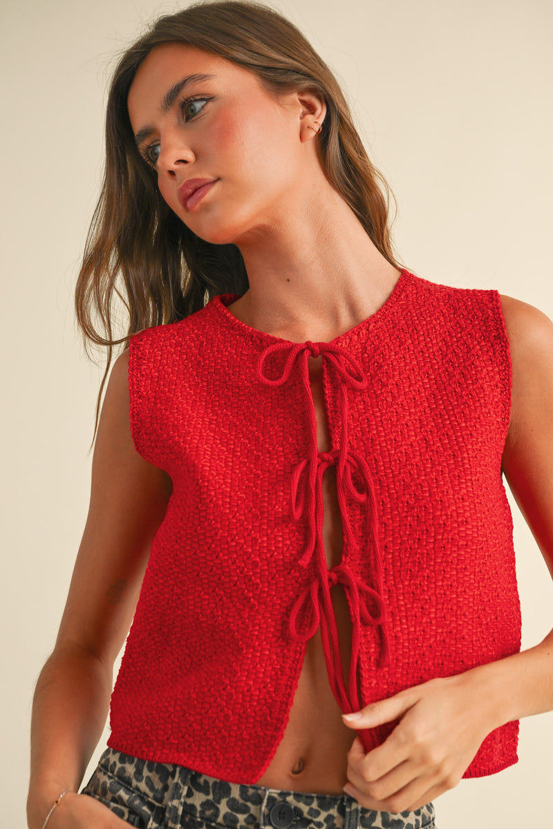 Tie Front Knit Vest, Red