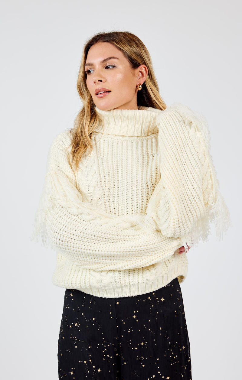 Carter Fringe Sleeve Turtleneck Sweater, Ivory