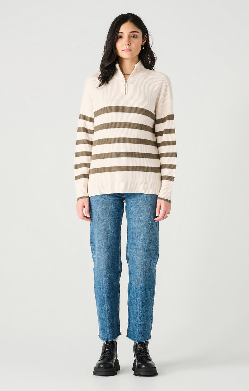 Long Sleeve Half Zip Sweater, Cream/Green Stripe