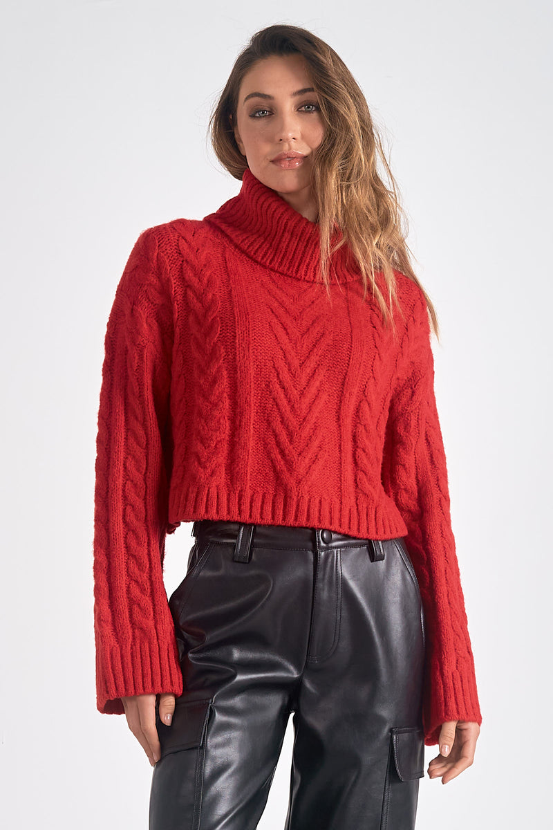 Cable Knit Turtleneck Sweater, Red