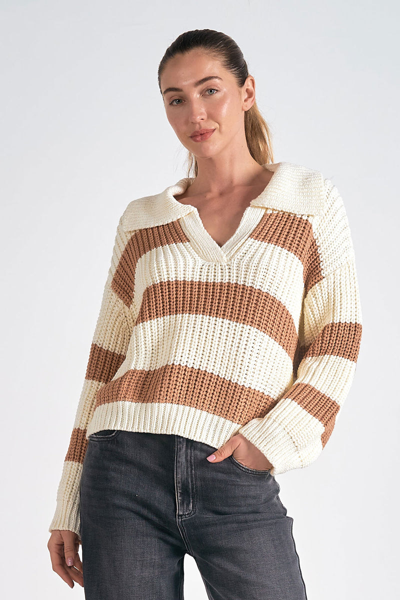 Striped Oversized Vneck Sweater, Camel/White