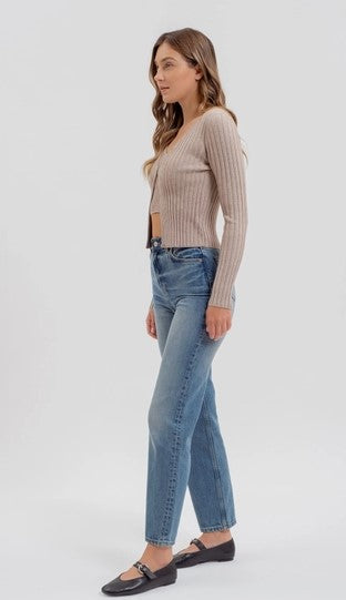 Long Sleeve Twofer Ribbed Knit Top, Taupe