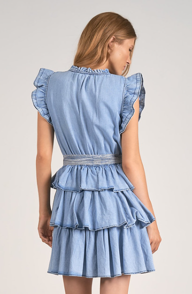 Sleeveless ruffle mini dress, blue wash