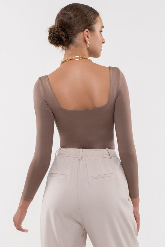 Long Sleeve Square Neck Bodysuit, Deep Taupe