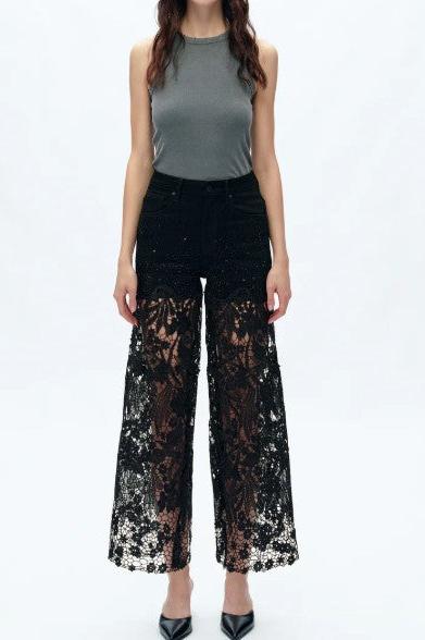 High Rise Lace Pants with Rhinestones, Black