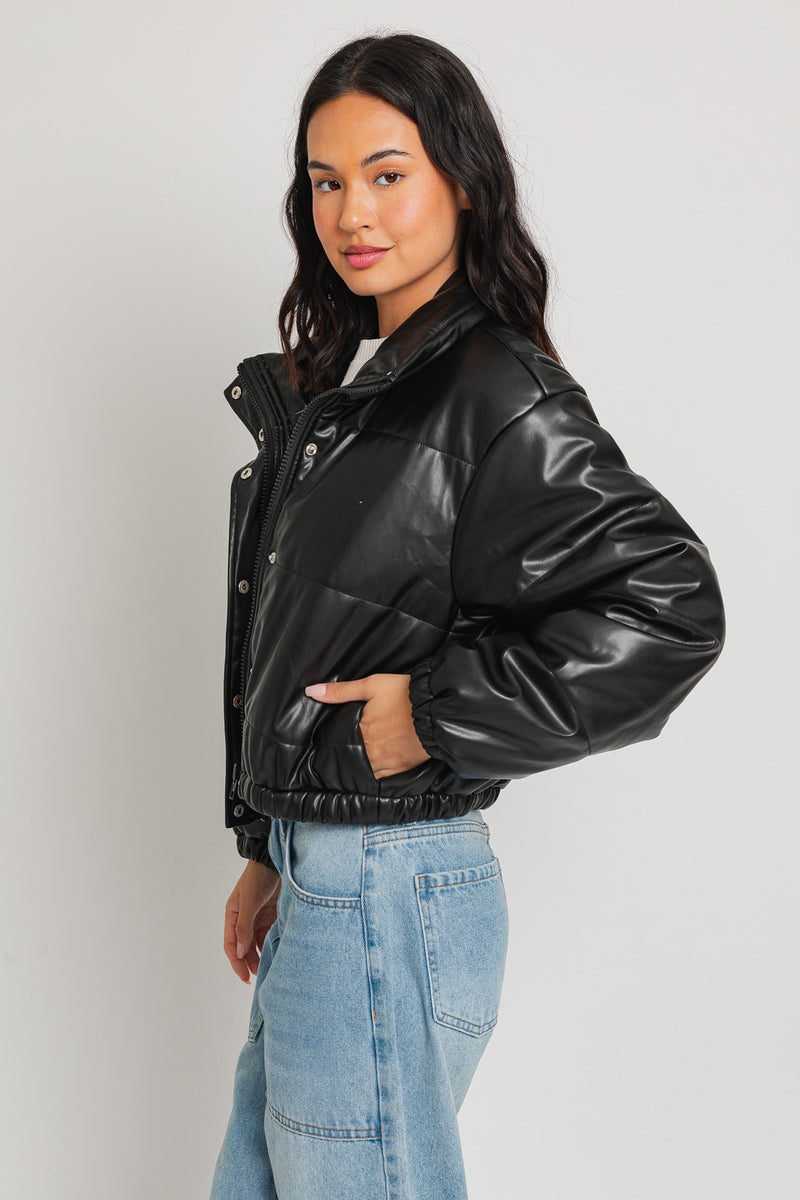 Cropped Faux Leather Puffer Jacket, Black