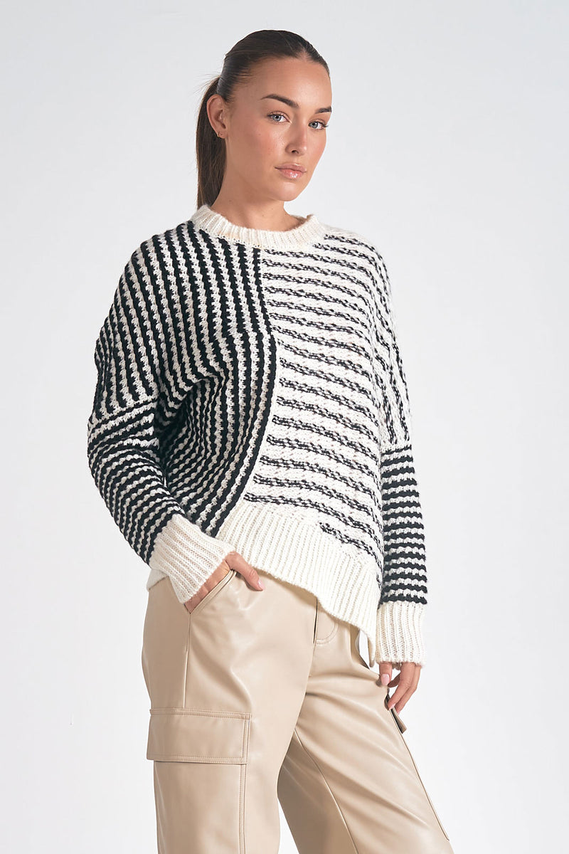 Striped Asym Hem Sweater, Black/White