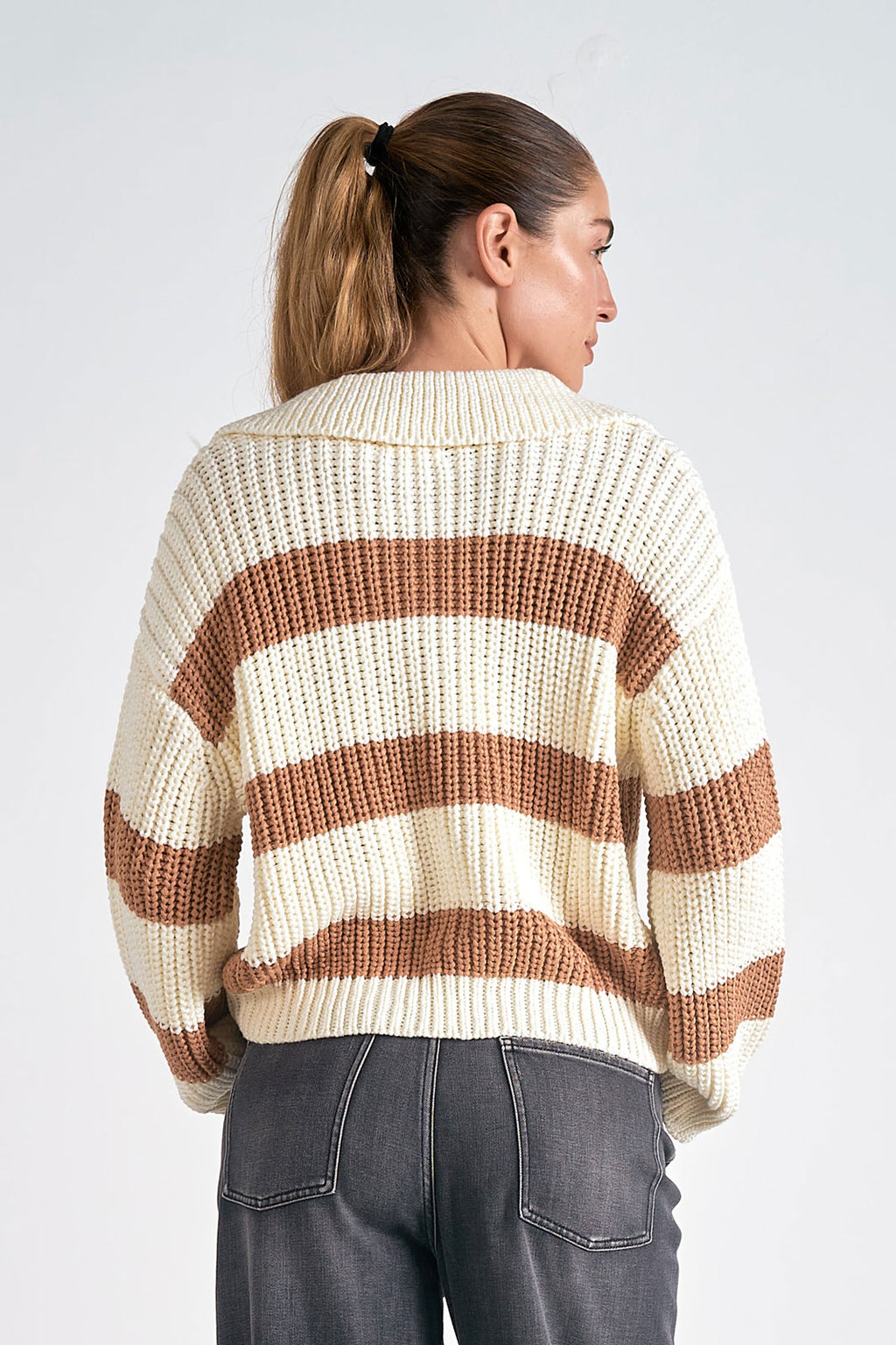 Striped Oversized Vneck Sweater, Camel/White