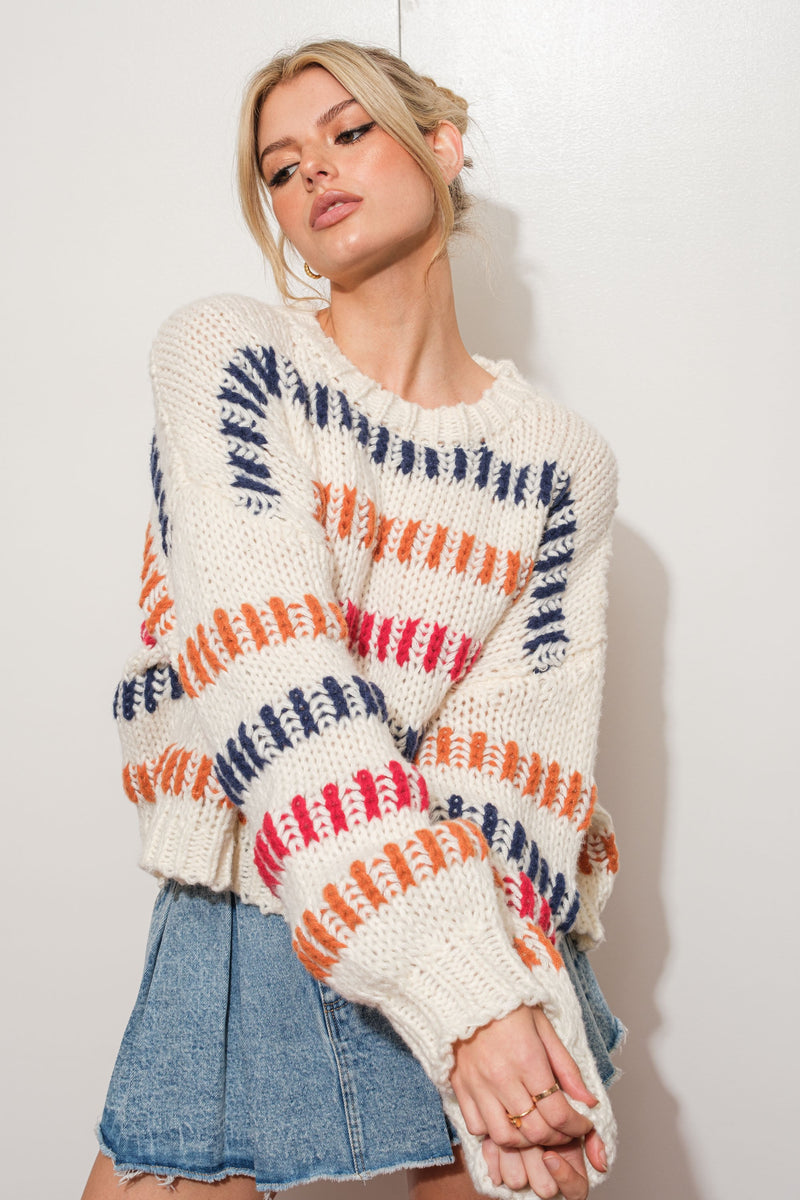 Striped Knit Sweater, Ivory/Multi