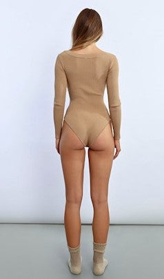 Long Sleeve Button Detail Bodysuit, Beige