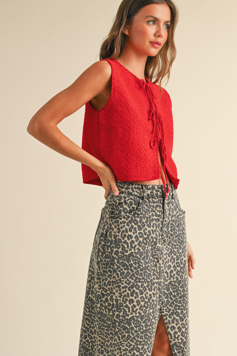 Tie Front Knit Vest, Red