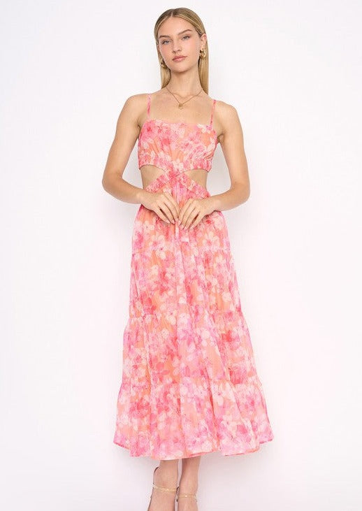 Sleeveless Cutout Floral Dress, Pink