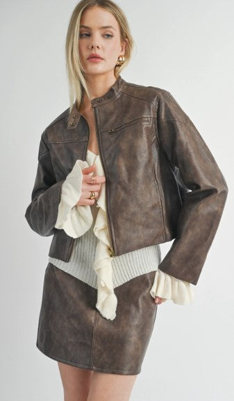 Vegan Leather Biker Jacket, Chocolate