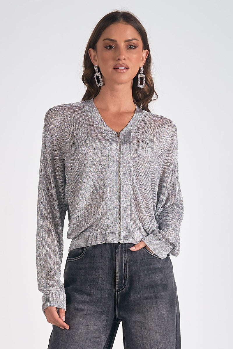 Metallic Cardigan Sweater, Silver