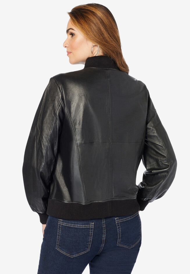 Oversized Leather Bomber, Black