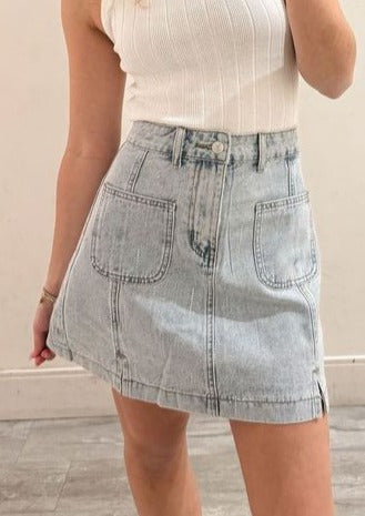 Pocket Detail Denim Mini Skirt, Light Wash