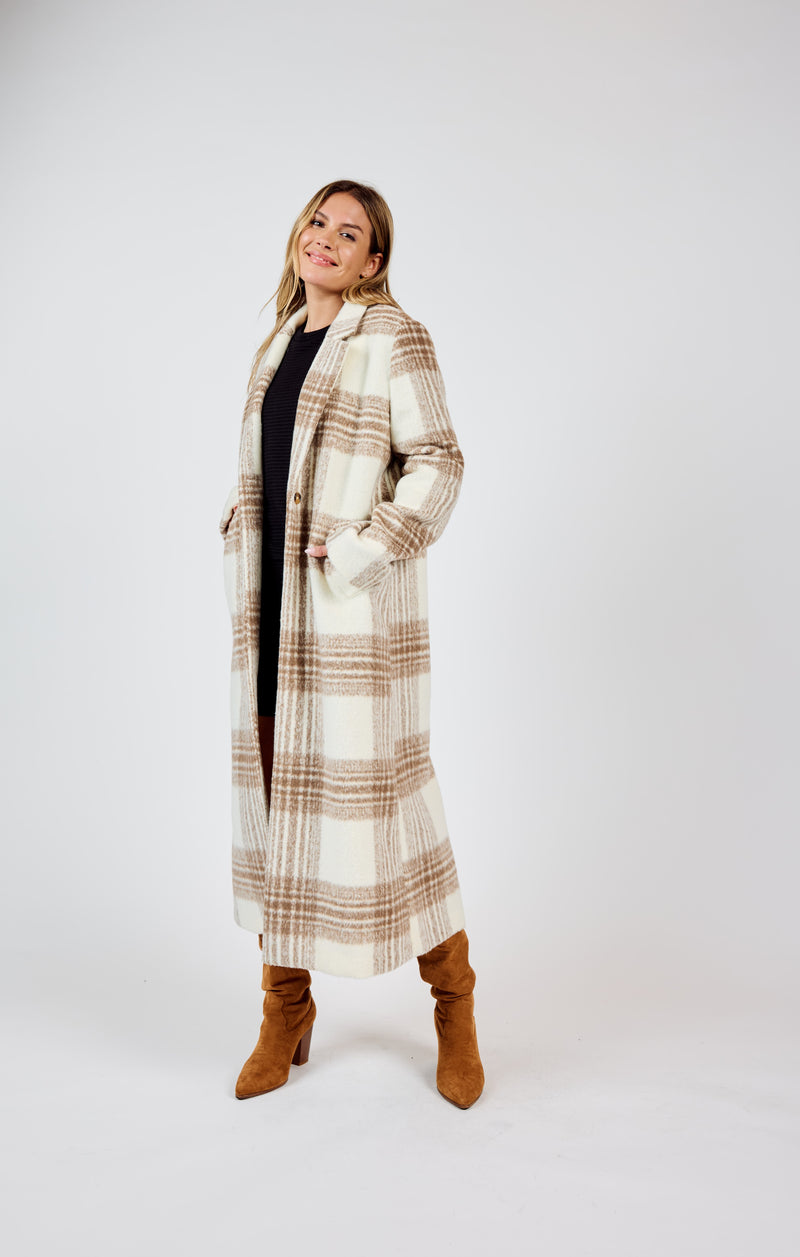 Zella Plaid Buttoned Long Coat, Ivory Multi